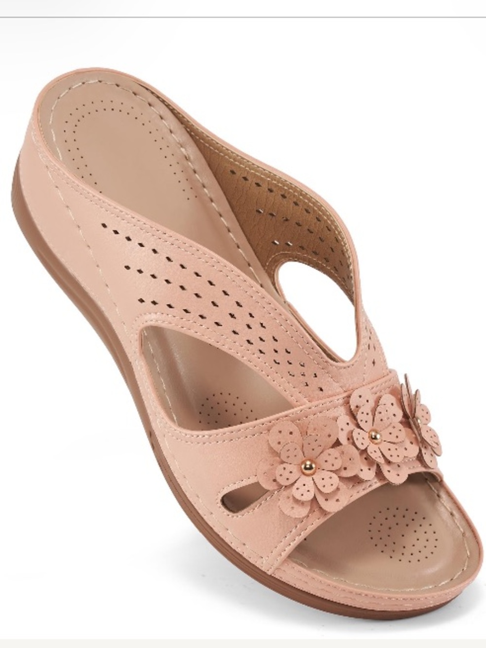 Perforated Floral Slide Sandals - blush
